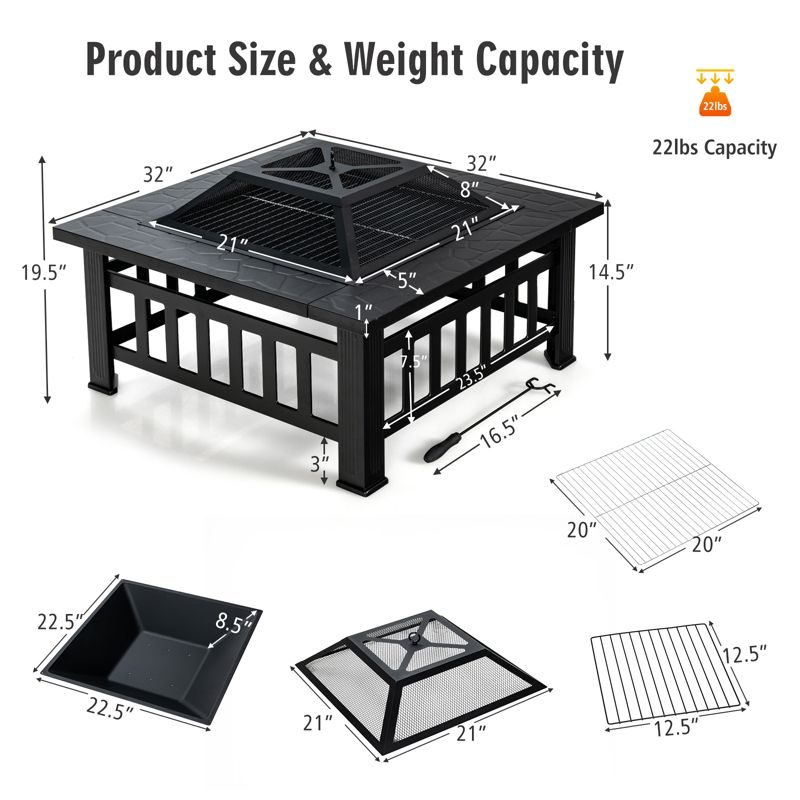 Tangkula 3 in 1 Patio Fire Pit Table Outdoor Square Fire bowel w/ BBQ Grill & Rain Cover, 5 of 6