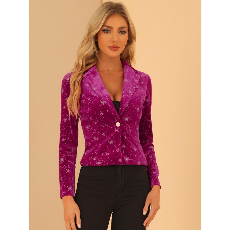 Allegra K Women's 1 Button Lapel Collar Business Office Crop Suit Velvet Blazer, 2 of 6