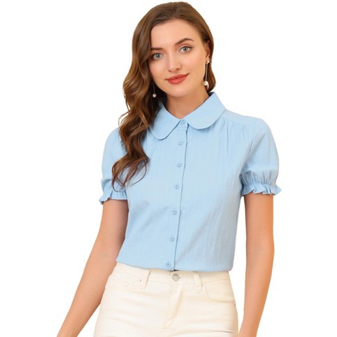 Allegra K Women's Short Sleeve Button Down Peter Pan Collar Blouse ...