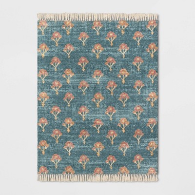 Washable Floral Block Printed Blue Rug Blue - Threshold™