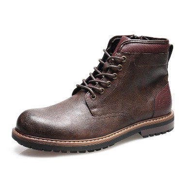Santimon Men's Lace-Up Work Boots, Round Toe, Side Zipper, Anti-Slip Casual Ankle Hiking Boots Dark Brown