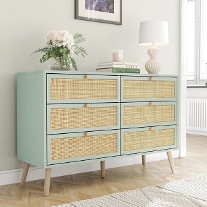 Brafabhome Rattan 6 Drawers Dresser for Bedroom, Vintage Boho Double Dresser Wicker Chest with Wooden Legs for Living Room Hallway| Mint - 1 of 4