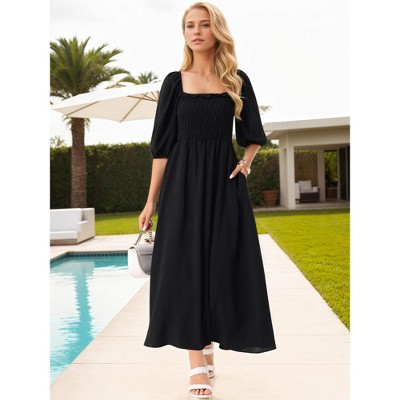 Женские платья INSPIRE CHIC Women's Summer Casual Puff Half Sleeve Square Neck Smocked Flowy with Pockets Maxi Dress Black Medium — фото 2