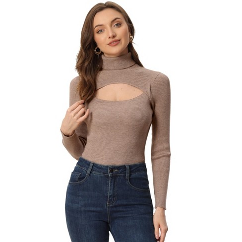 Womens Mock Neck Knit Cropped Sweaters Cozy Long Sleeve Hallow Out