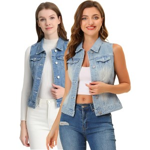 INSPIRE CHIC Women's Buttoned Washed Denim Vest with Faux Chest Flap Pockets 2 Packs - 1 of 4
