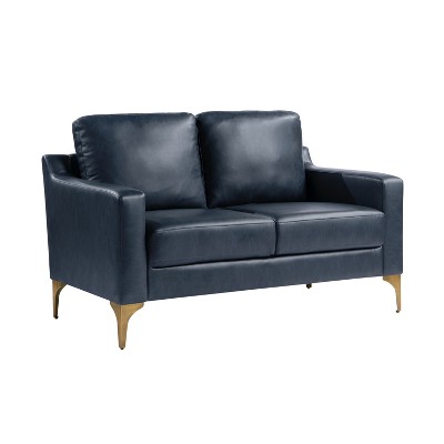 Navy Faux Leather Lawson Loveseat with Wood Legs