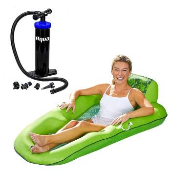 Aqua Leisure Luxury Recliner Hammock Style Inflatable Swimming Pool Chair Lounge Float, Green & Dual Action Hand Pump w/ 4 Nozzle Attachments