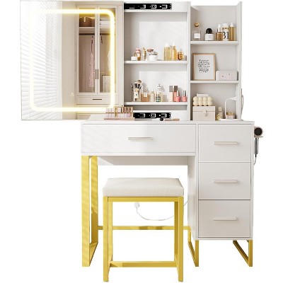 Bedroom Makeup Vanity Desk Set: Sliding LED Lighted Mirror, USB Charging Station, 4 Drawers, 5 Shelves + Cushioned Stool