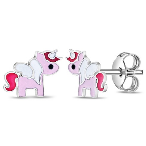 Girls Tiny Pink Unicorn Standard Sterling Silver Earrings In