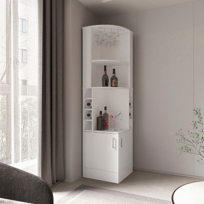 BDELITE Corner Bar Cabinet with Glass Rack, Double Door Cabinet, Eight Built-In Wine Rack-18.5*18.5*71.1 Inch, White