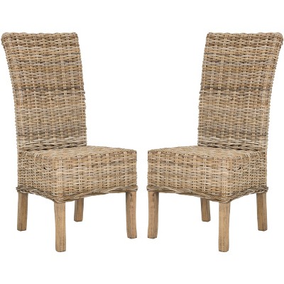 High-Back Rattan & Mango Wood Side Chair in Natural Grey (Set of 2)