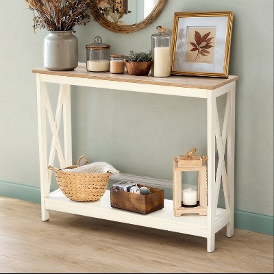 Captiva Designs Farmhouse Console Table with Shelf or Drawers, Narrow 2-Tier Entryway or Hallway Table, Ivory Finish