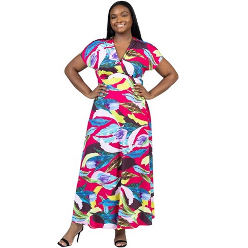 24seven Comfort Apparel Plus Size Floral Print V Neck Empire Waist Cap  Sleeve Maxi Dress : Target