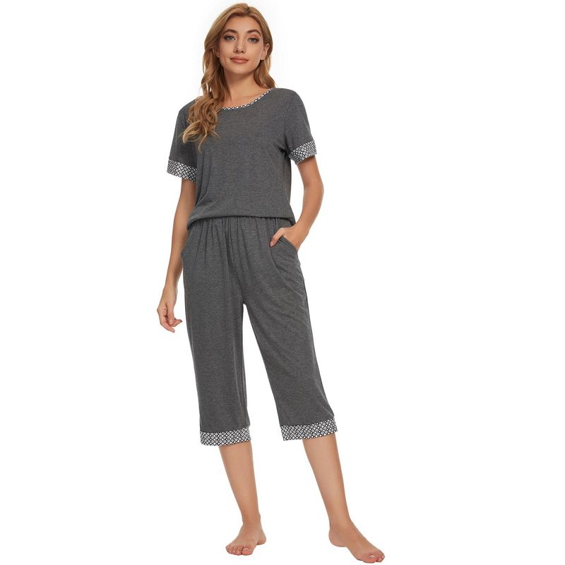 cheibear Womens Round Neck Pajama Set with Capri Pants Casual Lounge Sleepwear, 1 of 6