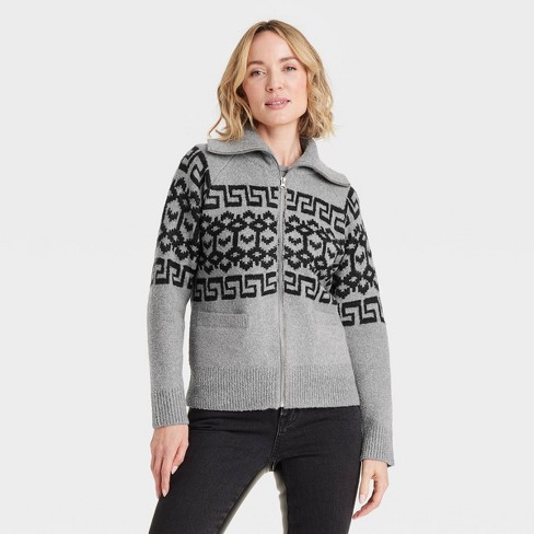 Women s Zip up Cardigan Universal Thread Heather Gray Zig Zag Xs Target