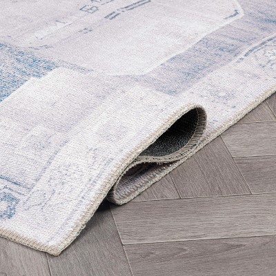 Blue and Cream Vintage Medallion Washable Area Rug