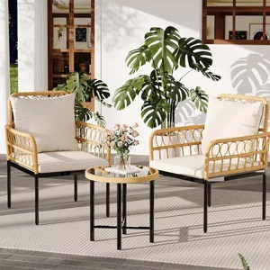 3-Piece Wicker Patio Bistro Set, Glass Top Side Table & Cushioned Rattan Chairs - Beige, Perfect for Outdoor Balcony, Porch, and Backyard - 1 of 4