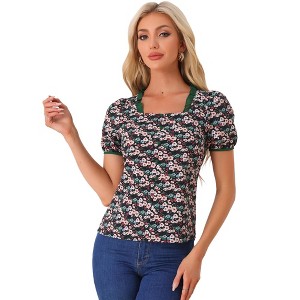 Allegra K Women's Floral Peasant Square Neck Contrast Frill Trim Chiffon Blouse - 1 of 4