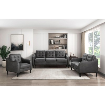 Okak Modern Casual Sofa Set 3pc with Thick Button Tufted Cushion , Solid Wood Legs Polished Microfiber Couch 6 Seat for Apartments, living Room, Gray