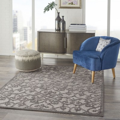 Aloha Floral Grey Charcoal Round 43" Synthetic Outdoor Rug