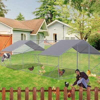 Large Outdoor Chicken Coop 26 x 10 x 6 FT,Metal Chicken Run with Roof Cover Predator Resistant Wire and Lockable Door for Backyard - LAOTIES