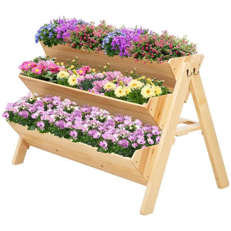 Outsunny 3-Tiers Raised Garden Bed Raised Garden Boxes Wooden Plant Stand with Side Hooks, Great for Flowers Herbs Vegetables, Natural, 4 of 10