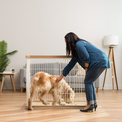 Tall Light Brown and White Metal Dog Crate with Sliding Door