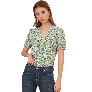 Allegra K Women's Summer Short Sleeves V Neck Ruffle Floral Button Down Shirt - 1 of 4