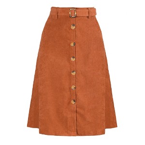Allegra K Women's High Waist Solid Button Front A-Line Belted Corduroy Midi Skirt - 1 of 4