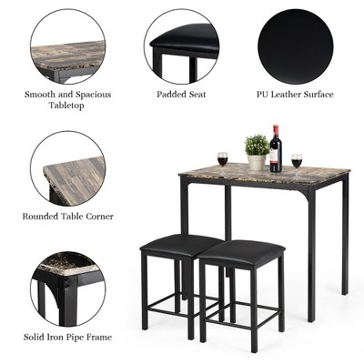 Costway 3-Piece Dark Faux Marble Pub Table Set with Black Chairs