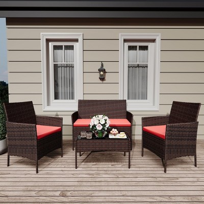 4 Pieces Outdoor Patio Furniture Sets, Rattan Patio Table and Chairs Set with Soft Cushion and Coffee Table, Outdoor Furniture Bistro Set for Garden