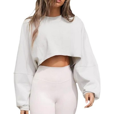 Women's Cropped Crewneck Sweatshirt Oversized Casual Pullover Top Long Sleeve Short Sweater