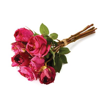 Plum & Post 14" Garden Fuchsia Colored Faux Garden Roses with Thorns Bundle Of 8 Decoration