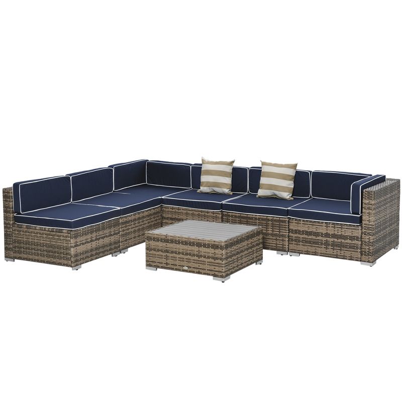 Outsunny 7-Piece Patio Furniture Sets Outdoor Wicker Conversation Sets All Weather PE Rattan Sectional sofa set with Cushions & Slat Plastic Wood Table, 5 of 10