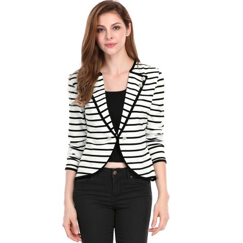 INSPIRE CHIC Women's Regular Fit Notched Lapel Button Decor Striped Blazer Medium Black White