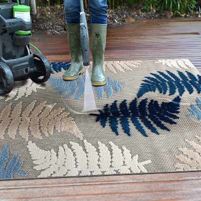 Seville Blue and Beige Floral Synthetic Indoor/Outdoor Rug