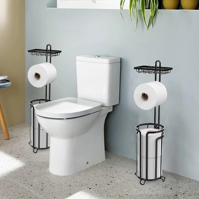 FURNIinspire 2pc Tissue Paper Roll Stand Shelf Bathroom Toilet Paper Storage Holder Floor Standing Toilet Paper Dispenser, Black, 15.8"*7.22"*7.22"