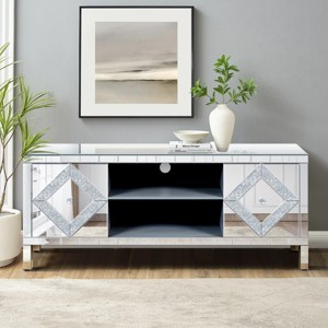 59" Modern Glam Silver Mirrored TV Stand for 65 Inch TV,Media Console with Sparkling Diamond Shape Crystal Doors and Open Storage-Baofuwish - 1 of 4