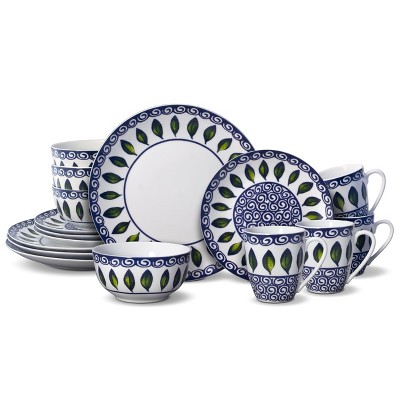 Mikasa Vienna 16 Piece Dinnerware Set, Elegant and Lightweight, Porcelain with Green Leaf & Blue Scroll Design, Service for 4