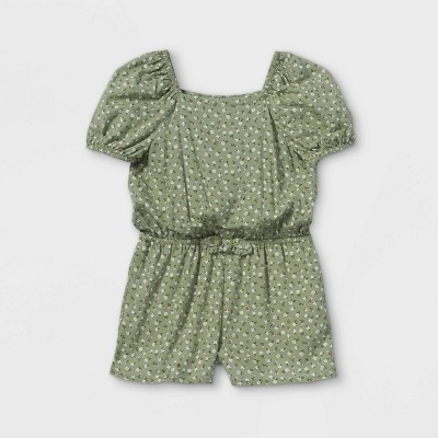 Toddler Girls' Floral Puff Sleeve Romper - Cat & Jack™ Olive 12M