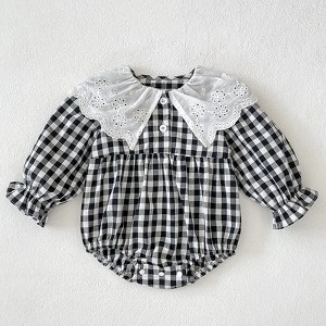 MyKids-Usa Autumn Baby Girls French-style Flowers Pattern Collar Long Sleeves Plaid Onesies and Dress – Princess Sister Matching Set - 1 of 4