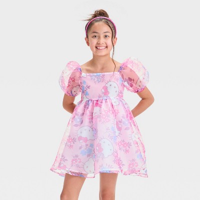 Girls' Hello Kitty Floral Organza Puff Sleeve Dress - Pink