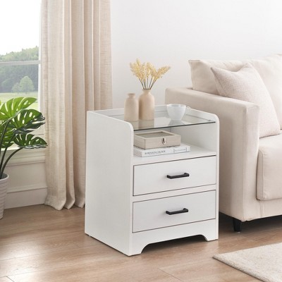 Nightstand LED Night Stand with 2 Drawers, Smart End Side Table with LED Lights and Glass Top, Modern Bedside Table with Open Storage