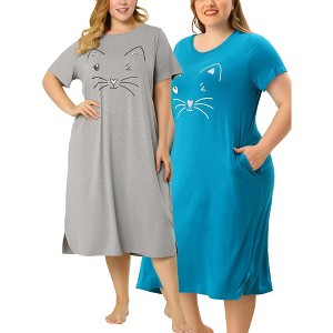 Agnes Orinda Women's Plus Size Cute Cat Print Short Sleeve with Pockets Nightgowns - 1 of 4