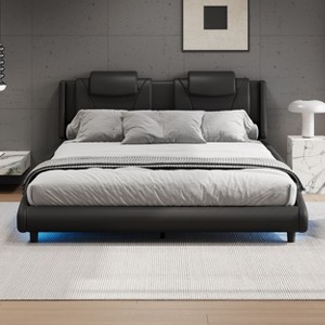 CAVINAS Full/Queen Size Platform Bed Frame with Adjustable Headboard,Faux Leather Upholstered Bed with LED Light,No Box Springs Needed - 1 of 4