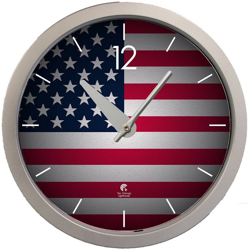 14.5&#34; US Flag Contemporary Body Quartz Movement Decorative Wall Clock Silver - The Chicago Lighthouse, 1 of 6
