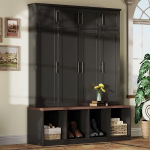 The Misty Moon Farmhouse White Hall Tree with 4 Hidden Hanging Hooks and Versatile Walnut Seating Bench with 8 Doors - 1 of 4