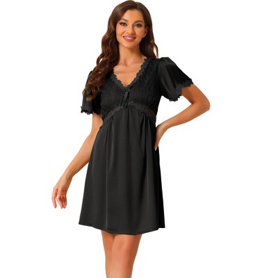 cheibear Women's Short Sleeves V Neck Lace Trim Lounge Pajamas Nightgowns