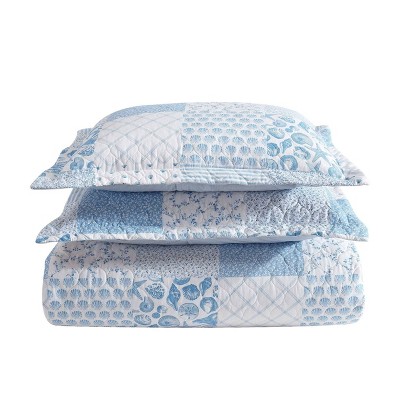 Full Blue Cotton Reversible Quilt Set with Shams