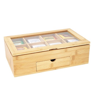 MegaChef 13 x 8 Inch Bamboo Tea Box Organizer with Acrylic Top Window